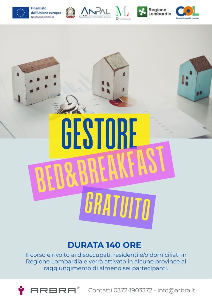 ID 1020 – Offerta “Formazione mirata all’inserimento lavorativo”
Il corso “Gestore di Bed & Breakfast” è volto a formare figure specializzate nella gestione degli affitti brevi turistici. I discenti svilupperanno apprenderanno le norme che regolano il settore, le tecniche di accoglienza, la corretta gestione e preparazione delle unità abitative e la loro veicolazione sulle principali piattaforme di turismo comprese le tecniche per fotografarli al meglio. Il corso è rivolto a tutti coloro che vorrebbero trovare occupazione nelle società di property management, nelle agenzie immobiliari o presso privati, offrendo il proprio servizio anche in modalità autonoma.
L’offerta rientra nel Percorso Occupabilità Lavoratori (GOL) ed è gratuito, rivolto a candidati disoccupati, residenti o domiciliati in Regione Lombardia.